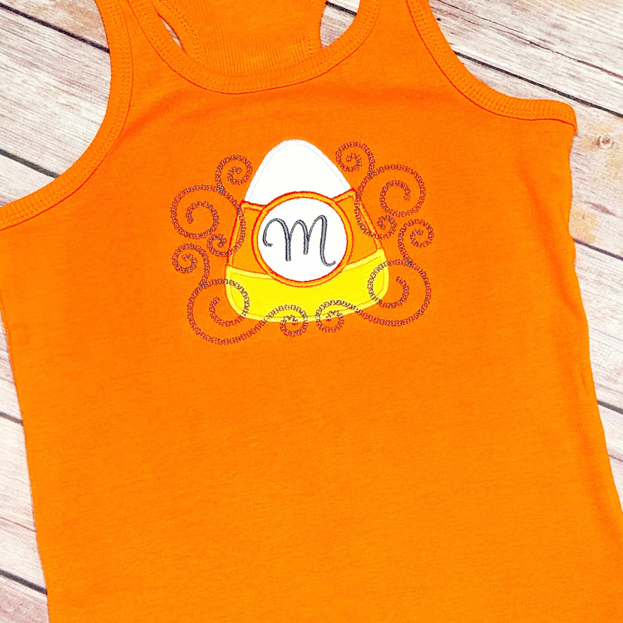 Discover Girls Fall Shirt  Girl Candy Corn Monogram Tee  Orange Yellow White Black Swirls  Toddler Initial T-Shirt  Personalized Embroidered Top