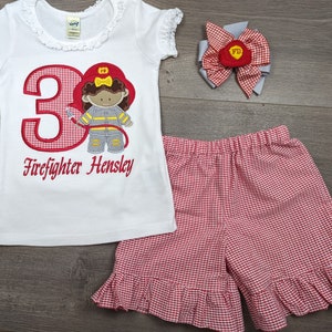 Girls Firefighter Birthday Outfit • FireGirl 3-Piece Set • Fireman Firewoman Party • Helmet Coat Hose • Personalized Name Shirt Shorts & Bow