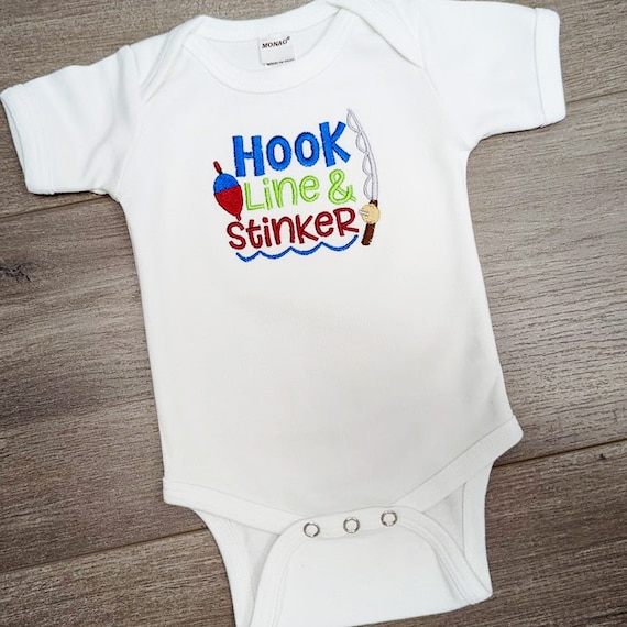 Boys Funny Fishing Saying Shirt Hook Line Stinker Brown Grey Rod Reel Red  Blue Bobber Infant Toddler Boy Custom Embroidered T-shirt 