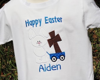Boys Easter Bunny Shirt • Rabbit Pulling Little Blue Wagon • Christian Faith Cross Jesus • Personalized Name Embroidered Applique T-Shirt
