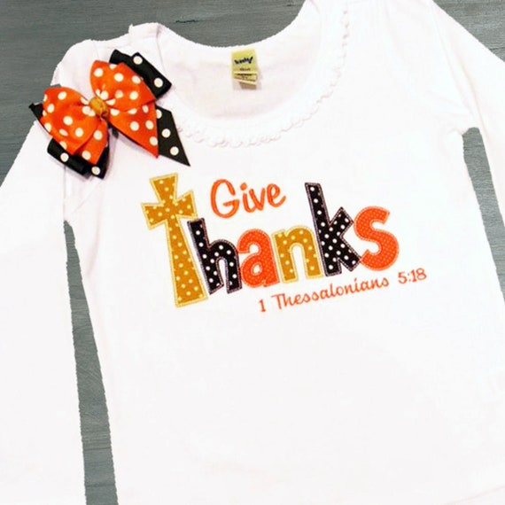 Girls Thanksgiving Day Shirt • Give Thanks Tee • Bible Verse • Christian Scripture Apparel • 1 Thessalonians • Orange Brown Gold Polka Dots