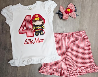Personalized Firefighter Birthday Outfit Girl, Embroidered Firetruck Shirt Set