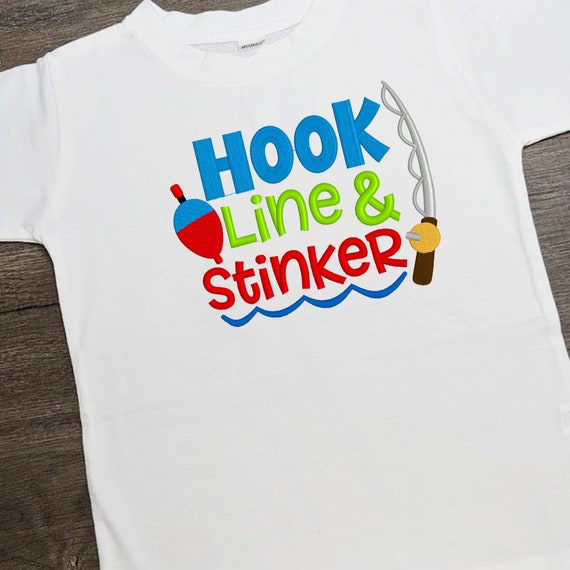 Boys Funny Fishing Saying Shirt * Hook Line Stinker * Brown Grey Rod Reel * Red Blue Bobber * Infant Toddler Boy Custom Embroidered T-Shirt