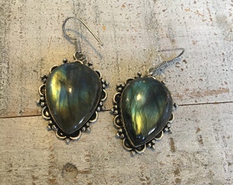 Vintage Teardrop Labradorite Dangle Earrings - Teardrop Labradorite Earrings - Labradorite Dangle Earrings