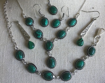 Double Petite Malachite Jewelry Set - Petite Malachite Gemstone Stone Necklace - Malachite Dangle Earrings - Malachite Jewelry Necklace