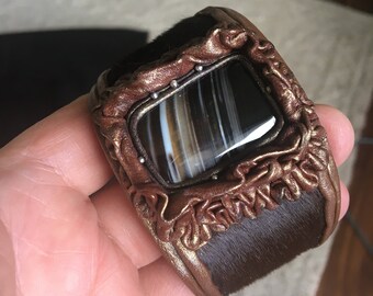 RARE FIND: Adjustable Pony Hair on Leather Agate Handmade Cuff Bracelet - Leather Pony Hair Agate Gemstone - Leather Agate Cuff Bracelet