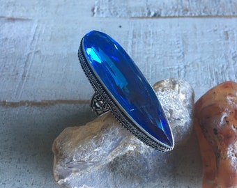 Vintage 925 Sterling Silver Plated Caribbean Blue Art Deco Glass Ring Size 9.75-Blue Quartz Ring-Sterling Silver Overlay Blue Glass Ring