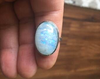 Silver Brass Ring Birthday Gift For Her Rainbow Moonstone Ring Size : 9.25 USA Brass Ring Statement Ring, Silver Plated Ring