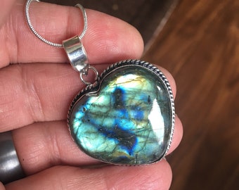 Colorful Blue/Green Heart Shaped Labradorite Pendant Necklace - Heart Shaped Labradorite Pendant Necklace - Labradorite Pendant Necklace