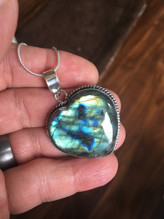 Colorful Blue/Green Heart Shaped Labradorite Penda