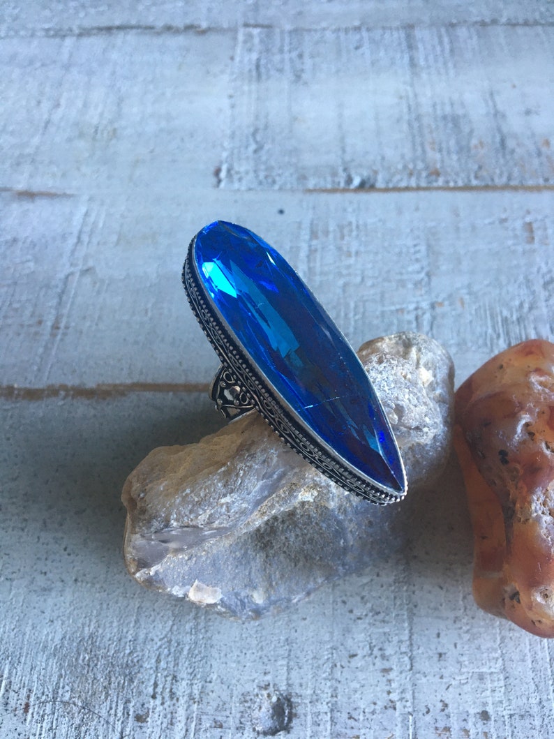 Vintage 925 Sterling Silver Plated Caribbean Blue Art Deco Glass Ring Size 9.75-Blue Quartz Ring-Sterling Silver Overlay Blue Glass Ring
