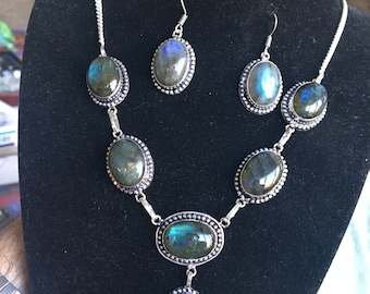 Vintage Sterling Silver Fire Labradorite Necklace and Earrings Set
