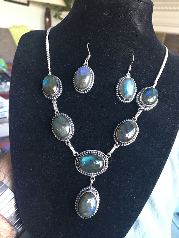 Vintage Sterling Silver Fire Labradorite Necklace and Earrings Set