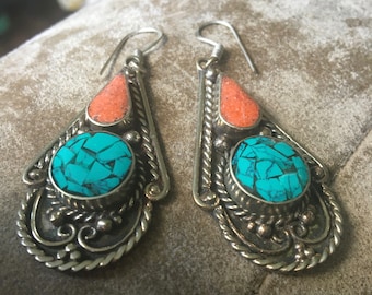 Tibetan Jewelry: Tibetan Dangle/Drop Earrings - Lapis Lazuli and Red Coral Dangle/Drop Earrings - Triangle Tibetan Drop/Dangle Earrings