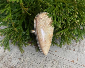 Teardrop Beige Fossil Coral Ring: Sterling Silver Plated, Size 6.75
