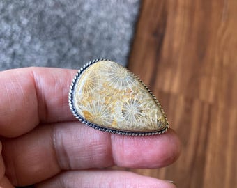Vintage Teardrop Fossil Coral Ring - Hellbraun Gelb 925 Sterling Silber