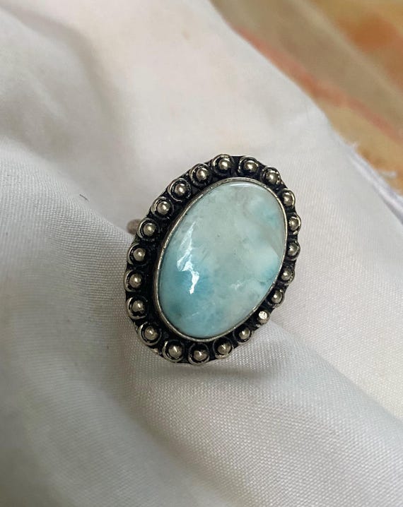 Beautiful Oval Larimar Sterling Silver Plate Ring - Larimar Gemstone Sterling Silver Ring - Larimar Ring - Vintage Larimar Ring Size 8.5