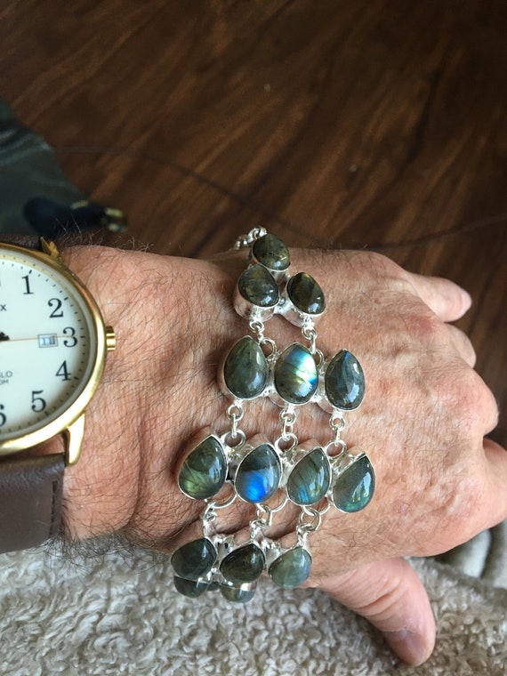 7\u201d silver tone toggle closure Vintage handmade bracelet with square labradorite and obsidian