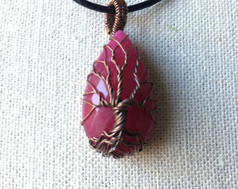 Unique Copper Wire Wrapped Pink Raspberry Teardrop Agate Pendant Necklace - Wire Wrapped Tree Wire Wrapped Agate Pendant Necklace