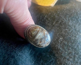 May include: A silver ring with a brown and white agate stone. The stone has a swirling pattern and is set in a silver band.
