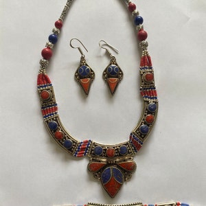 Vintage Tibetan Jewelry Set – Coral, Turquoise Necklace, Bracelet & Earrings image 3