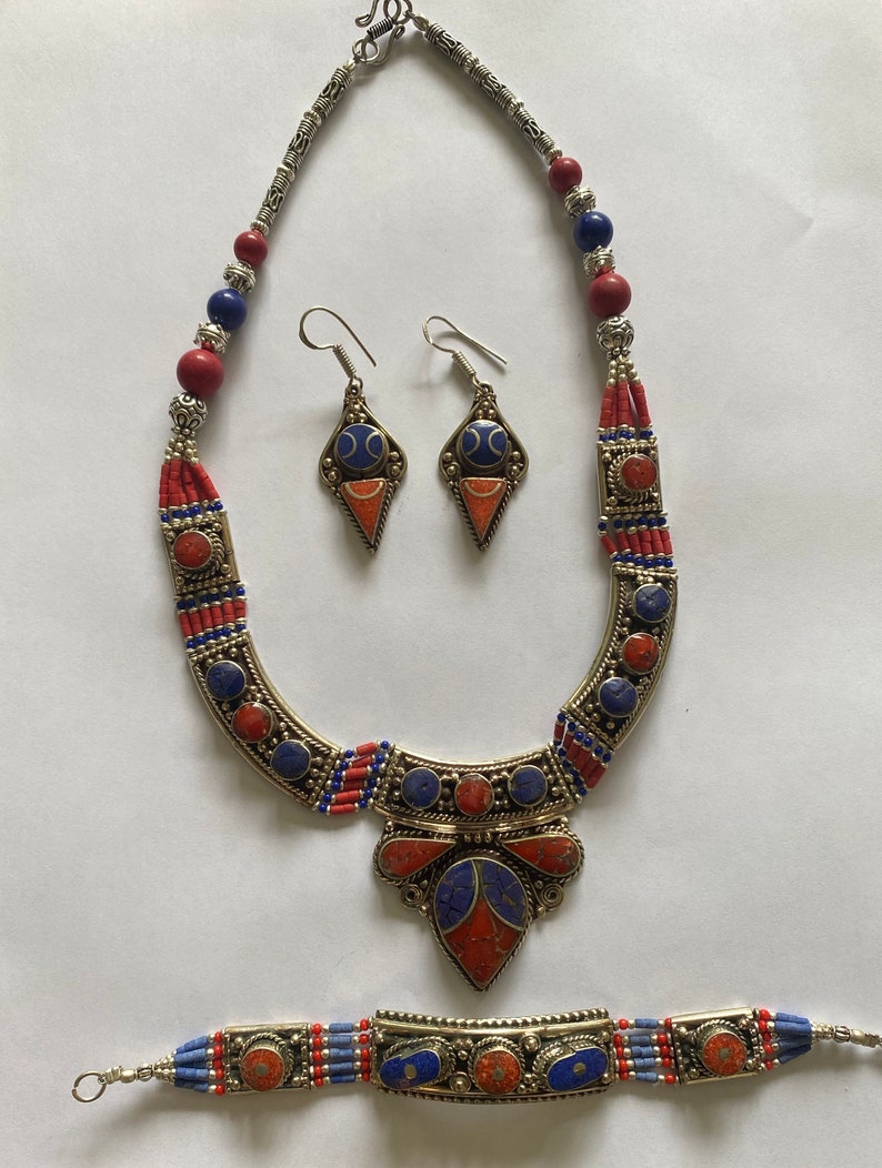 Vintage Tibetan Jewelry Set – Coral, Turquoise Necklace, Bracelet & Earrings image 3