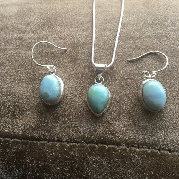 SPRING/SUMMER SALE: Beautiful Petite Larimar Jewelry Set - Larimar Necklace (18" inch) + Larimar Dangle Earrings - Larimar Jewelry