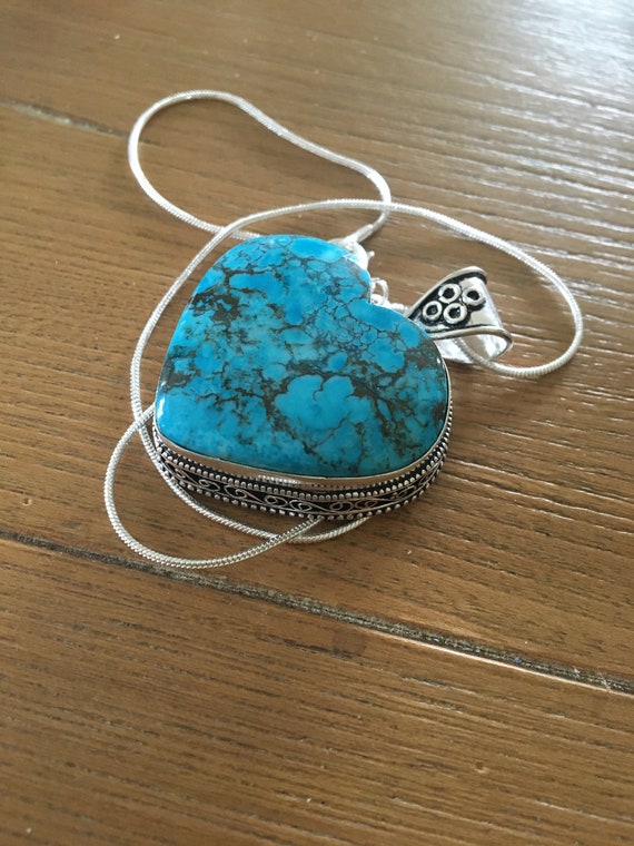 Heart Shaped Vintage Turquoise Pendant Necklace -… - image 2