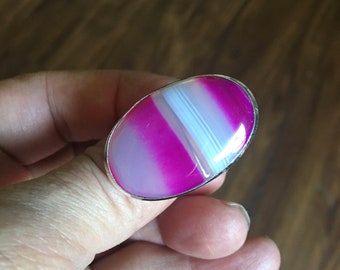 Oval Multi-Color Pink Botswana Agate Ring - Pink Multi-Color in Pink Ring Size 9.75- Vintage Oval  Agate Ring - Pink Botswana Agate Ring