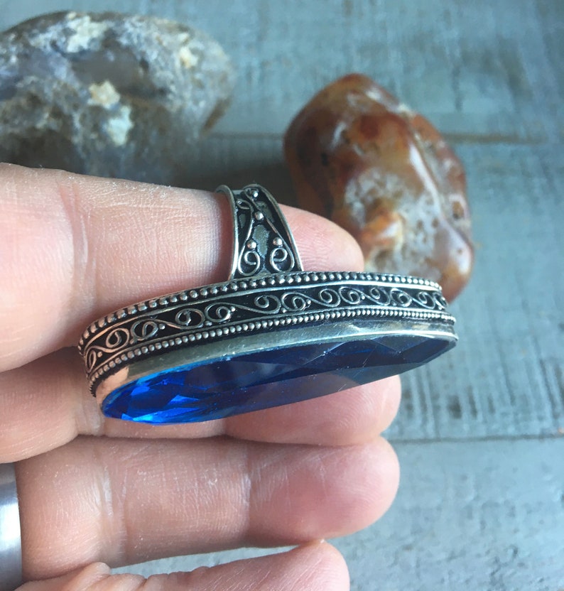 Vintage 925 Sterling Silver Plated Caribbean Blue Art Deco Glass Ring Size 9.75-Blue Quartz Ring-Sterling Silver Overlay Blue Glass Ring
