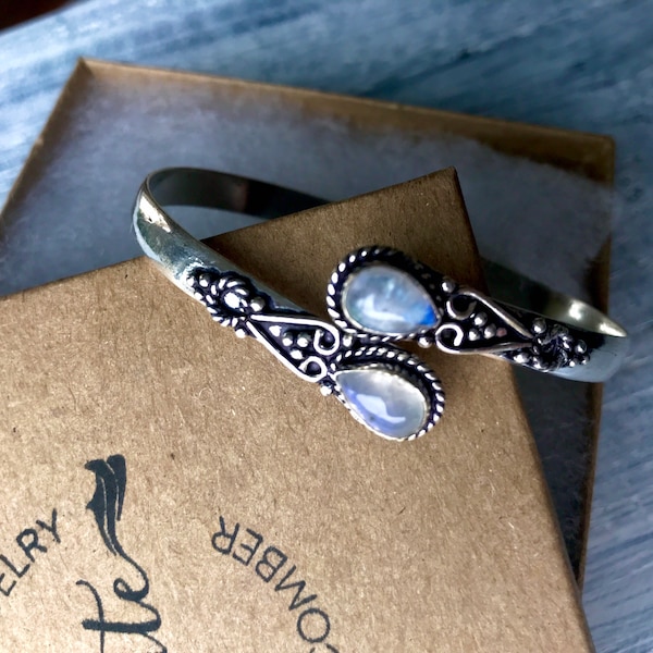 SPRING/SUMMER Sale! Rainbow Moonstone Cuff -Adjustable Rainbow Moonstone Cuff Bracelet-925 Sterling Silver Plated Bracelet-Vintage