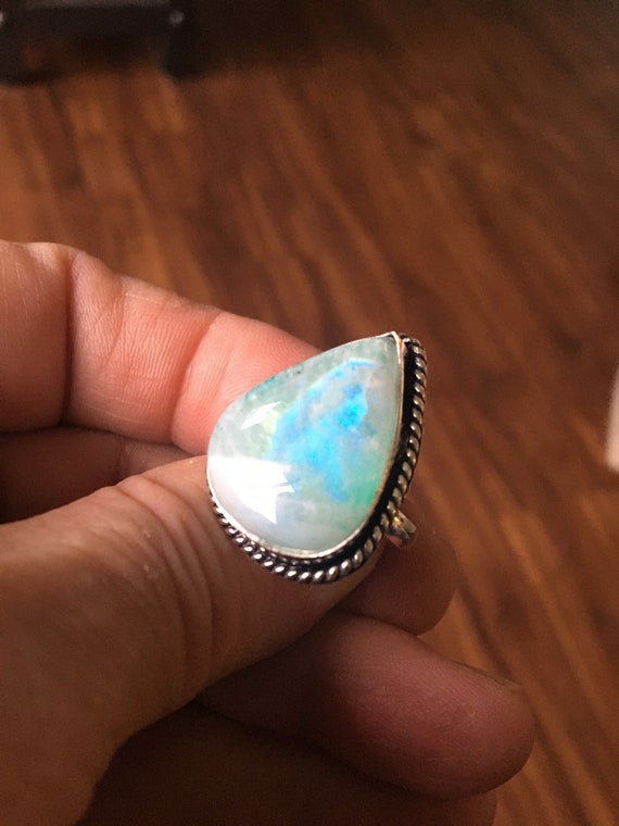 Unique Blue Rainbow Teardrop Shape Moonstone Ring 