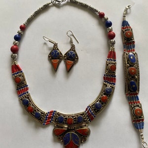 Vintage Tibetan Jewelry Set – Coral, Turquoise Necklace, Bracelet & Earrings image 1