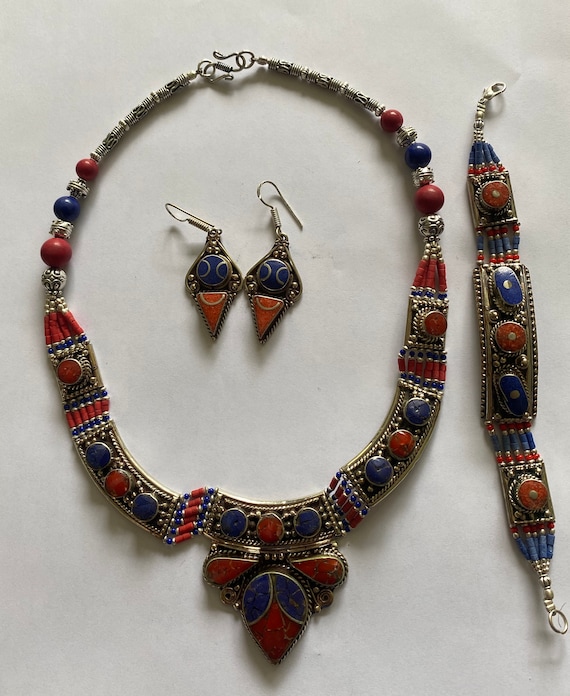 Vintage Tibetan Jewelry Set – Coral, Turquoise Necklace, Bracelet & Earrings