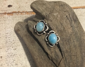SALE) Petite Larimar Stud Earrings - Sterling Silver Stud Earrings-Vintage Larimar Earrings-Stud Larimar Earrings