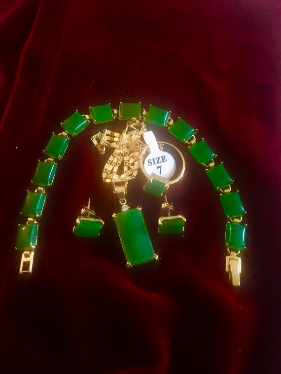 SALE: 14k Gold Plate Green Jade Jewelry Set - Jade