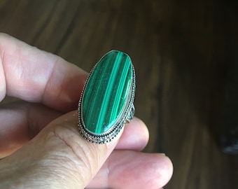 Unique Oval Malachite Ring - Long (1 1/2") Malachite Statement Ring - Malachite Solitaire Ring - Malachite Ring Size 8.25