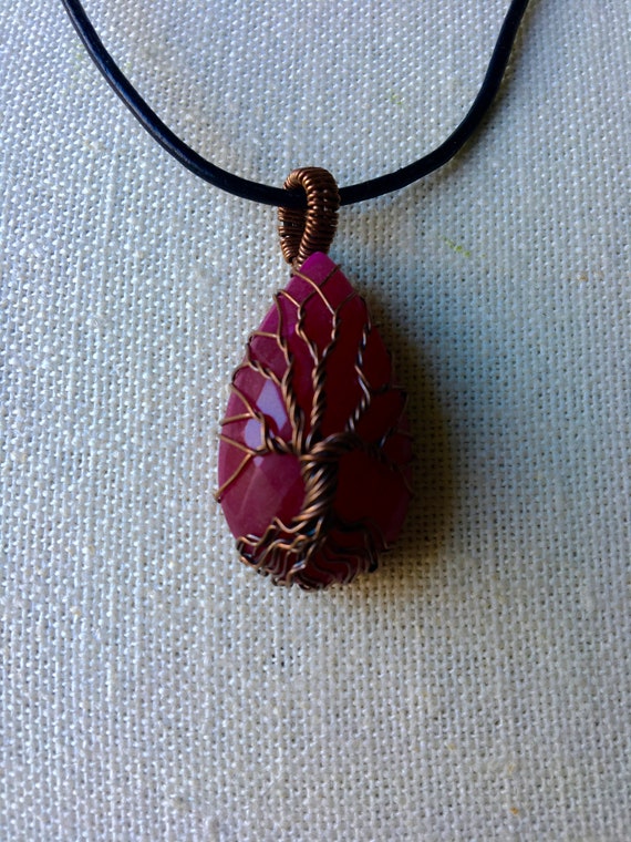 Unique Copper Wire Wrapped Pink Raspberry Teardro… - image 2