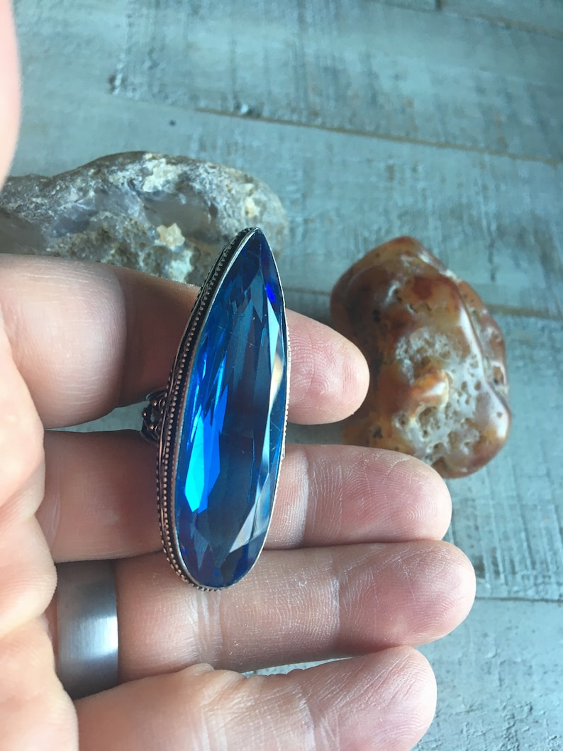 Vintage 925 Sterling Silver Plated Caribbean Blue Art Deco Glass Ring Size 9.75-Blue Quartz Ring-Sterling Silver Overlay Blue Glass Ring