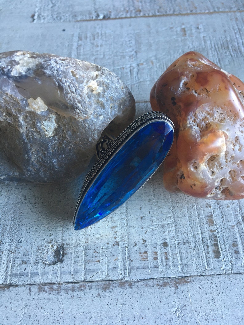 Vintage 925 Sterling Silver Plated Caribbean Blue Art Deco Glass Ring Size 9.75-Blue Quartz Ring-Sterling Silver Overlay Blue Glass Ring