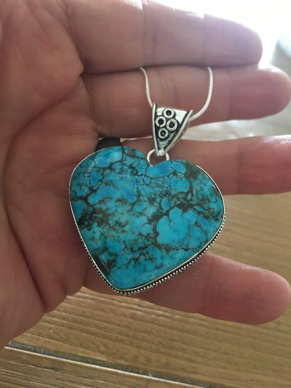 Heart Shaped Vintage Turquoise Pendant Necklace -… - image 3