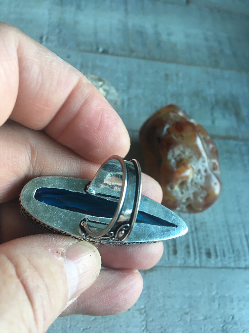 Vintage 925 Sterling Silver Plated Caribbean Blue Art Deco Glass Ring Size 9.75-Blue Quartz Ring-Sterling Silver Overlay Blue Glass Ring