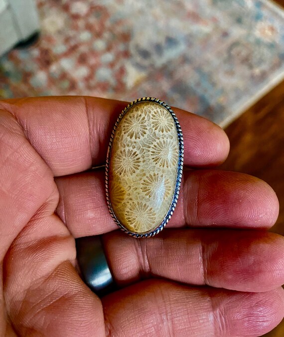 Multi Color Teardrop Fossil Coral Ring  - Fossil … - image 1