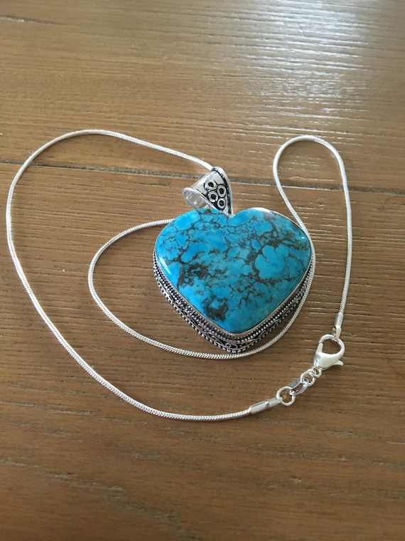 Heart Shaped Vintage Turquoise Pendant Necklace -… - image 1