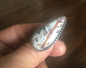 Beautiful Long Teardrop Mexican Laguna Agate Ring - Mexican Laguna Agate Ring Size 8.25- Mexican Laguna Ring - Agate Ring