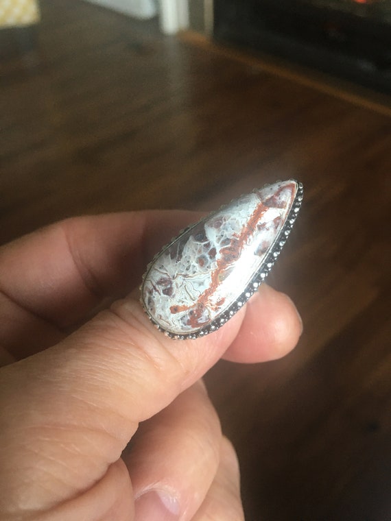 Beautiful Long Teardrop Mexican Laguna Agate Ring 