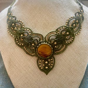 SALE: Unique Handmade Avocado Wings Macrame Tiger&#39;s Eye Gemstone Collar Necklace-Macrame Tiger&#39;s Eye Necklace-Adjustable Macrame Necklace