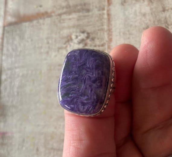 Rare Rectangle CHAROITE GEMSTONE Ring-CHAROITE Ge… - image 1
