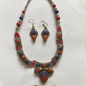 Vintage Tibetan Jewelry Set – Coral, Turquoise Necklace, Bracelet & Earrings image 2
