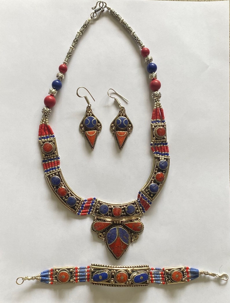 Vintage Tibetan Jewelry Set – Coral, Turquoise Necklace, Bracelet & Earrings image 2